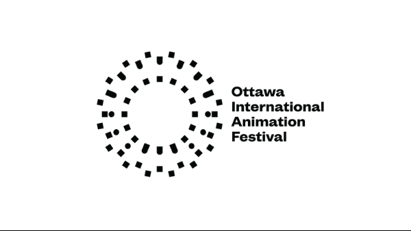 Logo, all black. On the left is a minimalist Phenakistoscope illustration. That is an early animation device. On its rights is the organization's name, in bold text: Ottawa International Animation Festival.