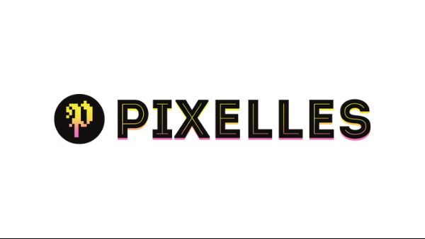 Pixelles’ horizontal logo. A pixelized P in a black-filled circle is followed by the organization’s name. All the lettering has a black outline, and within the lines, the letters are yellow and pink.