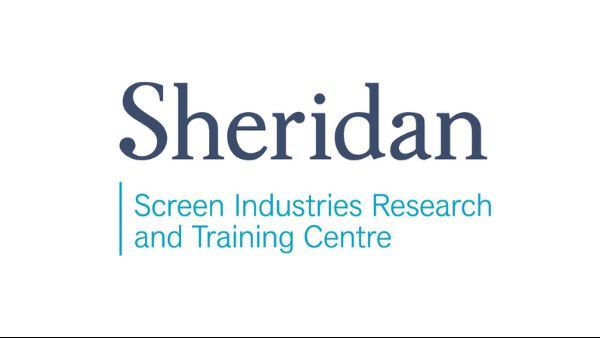 Logo of Sheridan College’s Screen Industries Research and Training Centre (SIRT). It is minimalist, characters on a white plain background. The word “Sheridan” is written in a dark blue font. Under it, in a light blue, is the name “Screen Industries Research and Training Centre”.