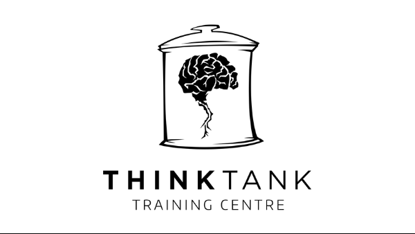 Logo, black and white. A white brain is in a black jar. The organizations’ name, “Think Tank Training Centre”, is written below, in two lines. Letters are all black, all capitalized.