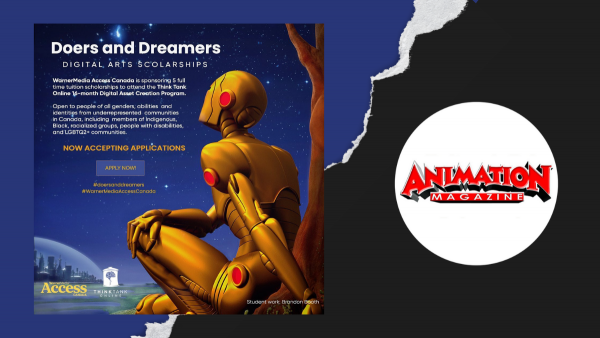 Poster of the initial call for applications. Next to it is the logo of the Animation Magazine.