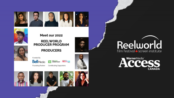 Headshots of the 14 participants of the Producer Program. Next to it are the logos of the organizations that partnered for this initiative: Reelworld Screen Institute and WarnerMedia Access Canada.