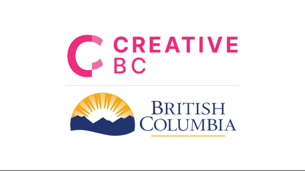 Joint logo. The logo of “Creative BC” is mixed with the one for “British Columbia”. The “Creative BC” one is above the other and is written in pink. “British Columbia” is written in blue, in two lines. To its left is a sunset/ sunrise behind blue mountains.