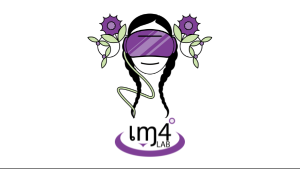 IM4 Media Lab’s logo. A person with two braids is wearing a purple VR headset and their head is surrounded by two purple flowers. The headset is attached to a purple stylized circle. Above the circle are the words IM4 Lab in black lettering.